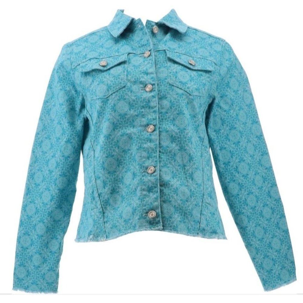 DG2 Diane Gilman Frayed-Hem Denim Jacket  697-831 Turquoise Tile 1X